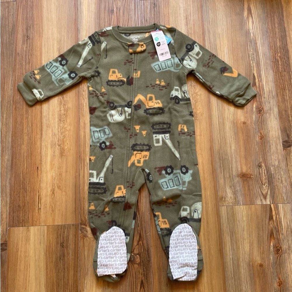 Carter's Green Fleece Footies Pajama One Piece with Construction Print NWT